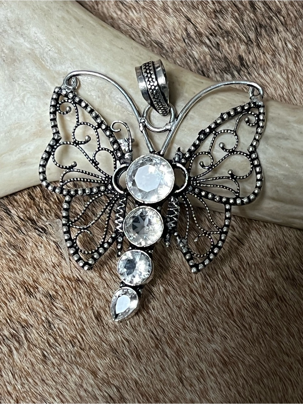 Sterling Silver Butterfly Pendant with Clear  topaz  stones